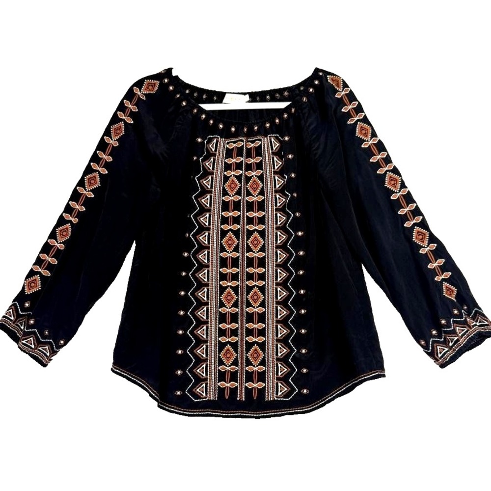Tory Burch Jessie Blouse Womens 8 Embroidered Boho Peasant Top Long Sleeve